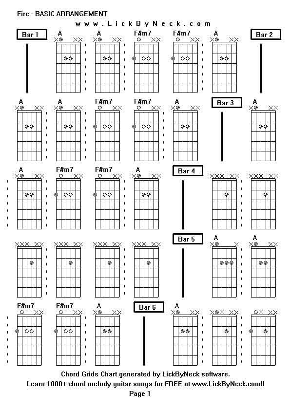 Chord Grids Chart of chord melody fingerstyle guitar song-Fire - BASIC ARRANGEMENT,generated by LickByNeck software.